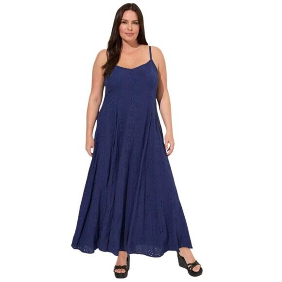 Torrid Maxi Challis Trapeze Dress Blue Embroidery Eyelet Flowy Size 3X - Picture 1 of 11